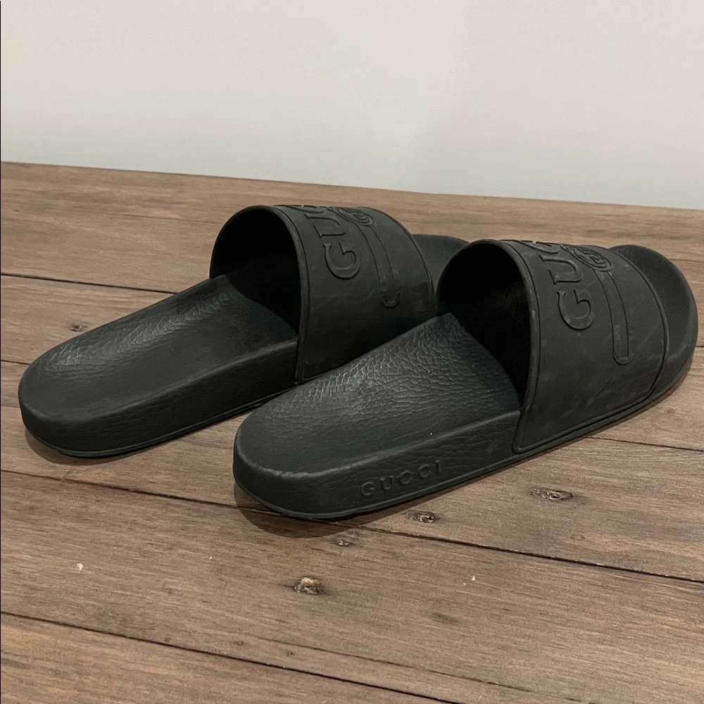 Gucci Black Embossed Slide Sandals